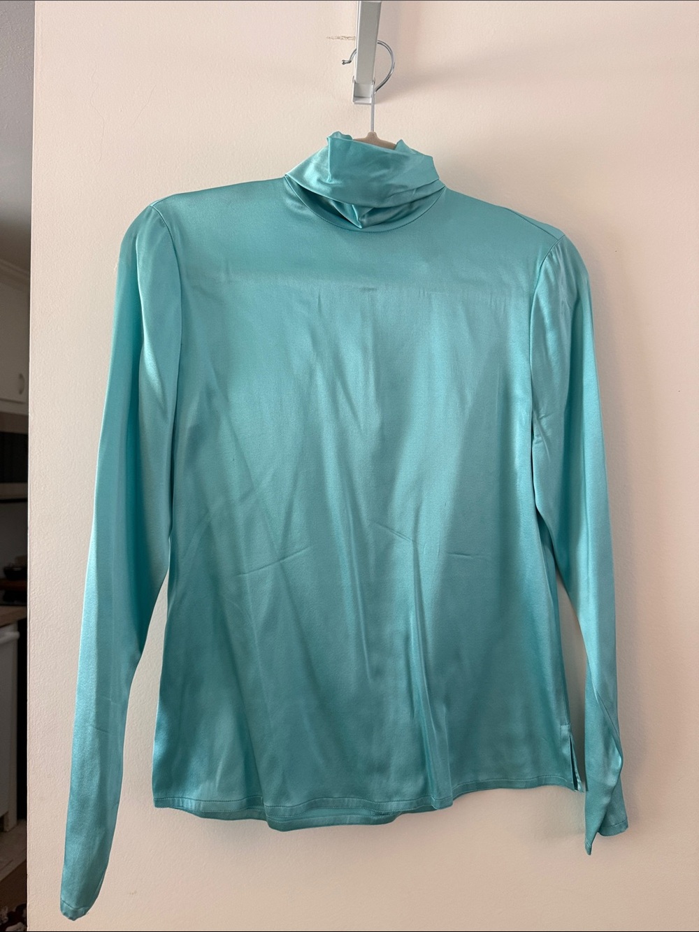 Ellen Tracy Silk Teal Long-Sleeve Mock Neck Shirt